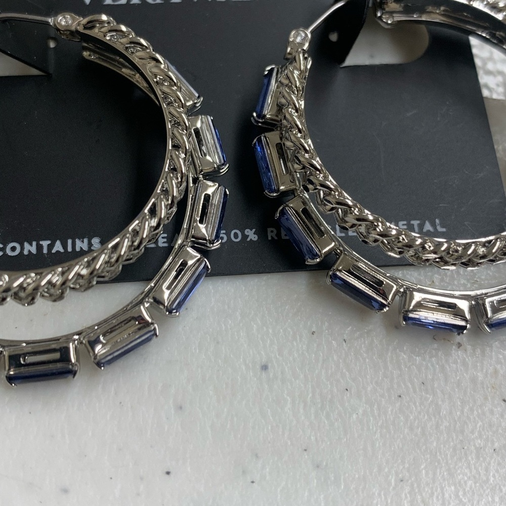 Double Hoop Blue Baguette Stone Earrings Twisted Rope Latch Back - Picture 3 of 3
